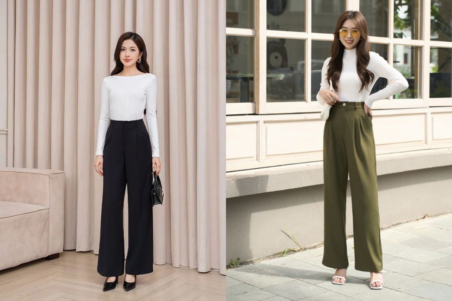 Áo ôm tay dài phối với quần tây cạp cao