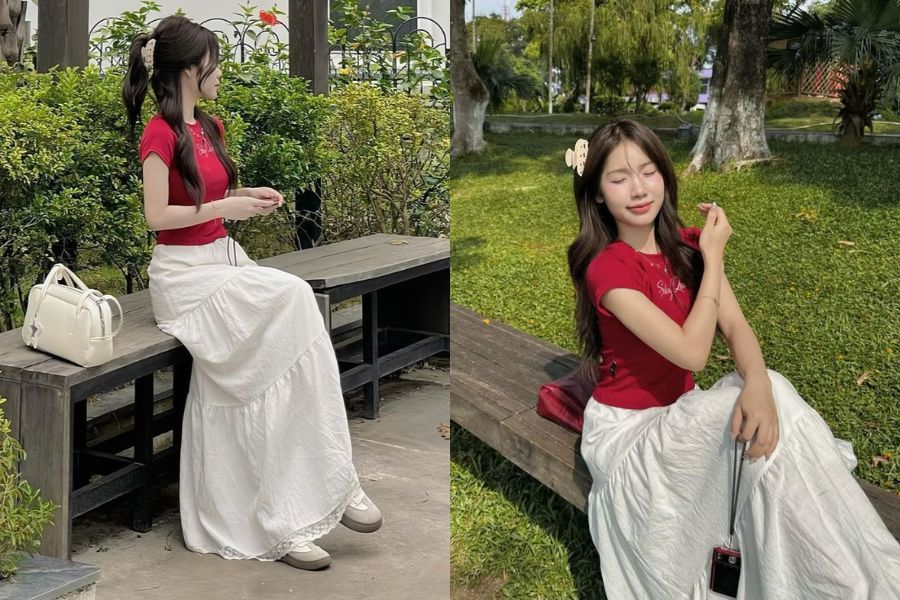Phối chân váy xòe dáng dài với áo croptop