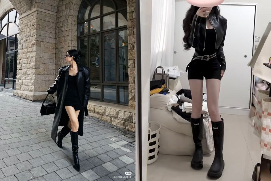 Áo khoác da phối với jumpsuit ngắn cá tính, trẻ trung