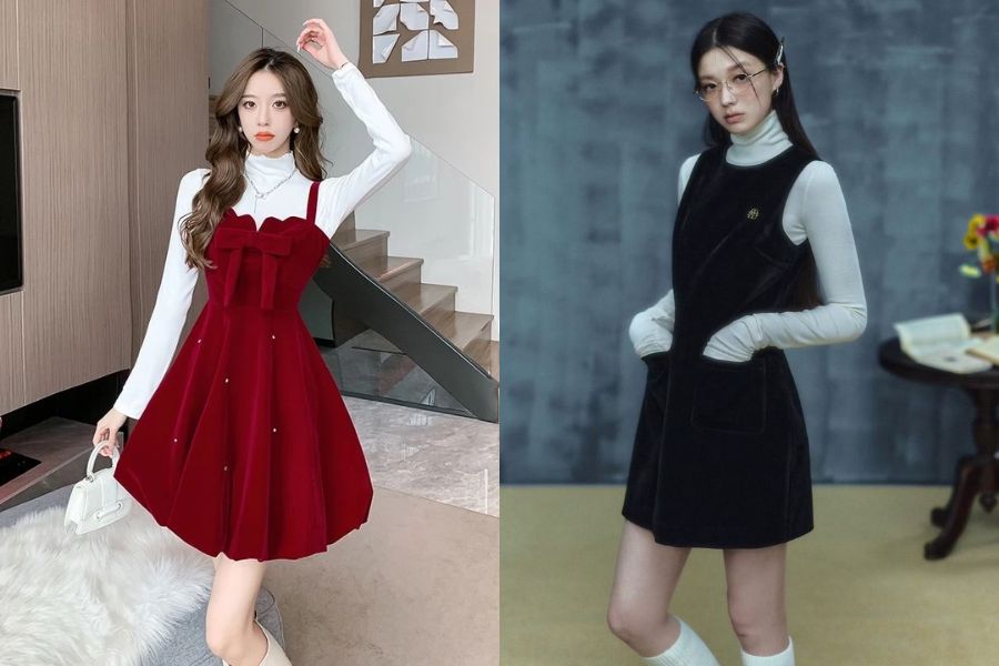 Đầm yếm nhung phối cùng áo giữ nhiệt trắng