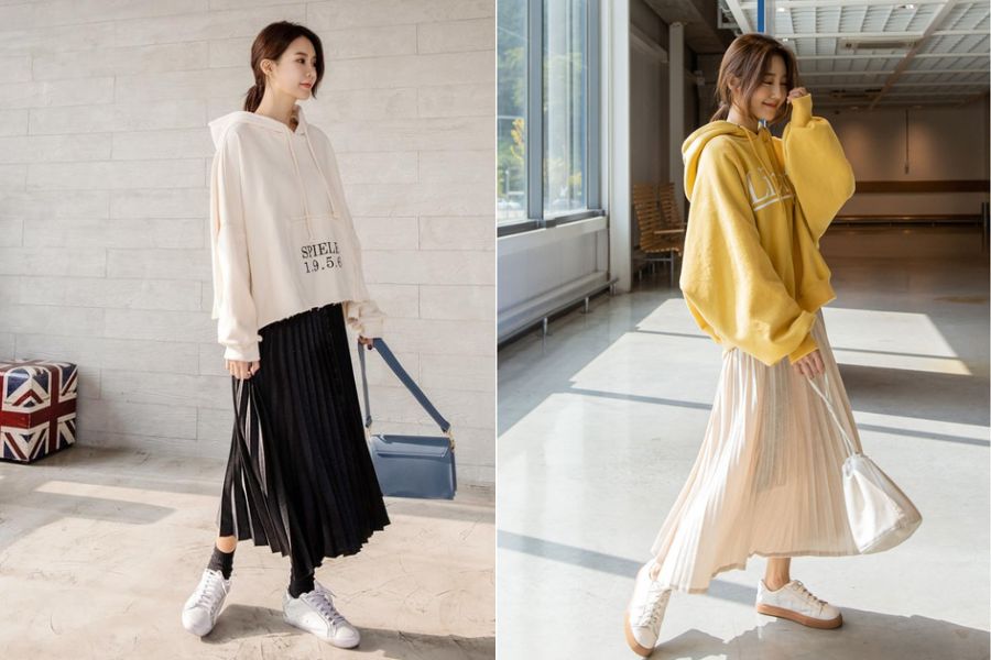 Chân váy xếp ly mix cùng áo hoodie