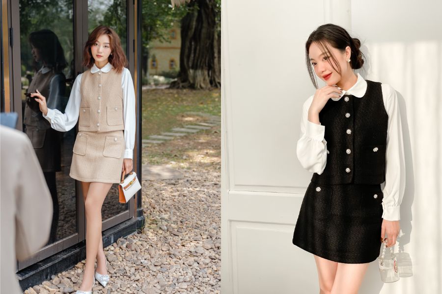 Set áo gile tweed phối sơ mi trắng và chân váy ngắn