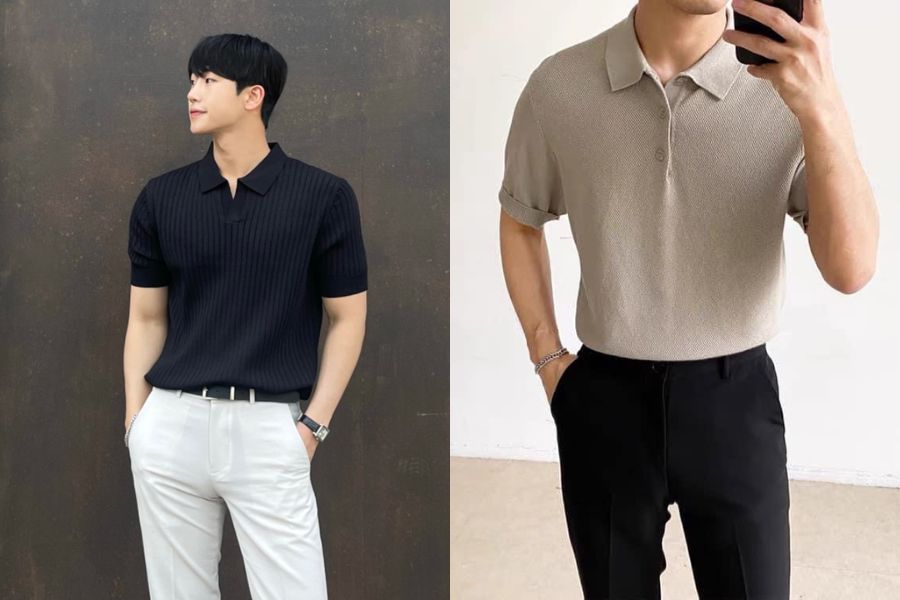 Áo polo dệt kim cổ đứng phối cùng quần âu ống đứng 