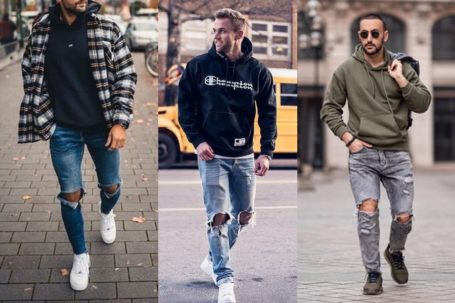 Phối quần jean rách nam với áo hoodie