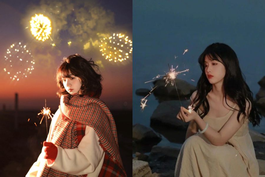 tạo dáng cúi đầu nhẹ khi chụp ảnh pháo hoa đêm giao thừa