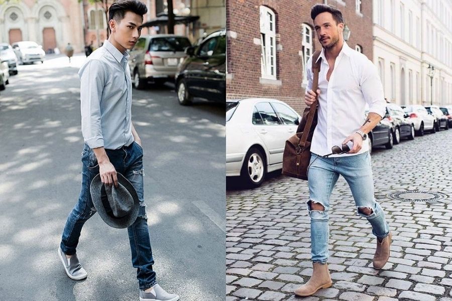 Quần jean zipper nam với áo sơ mi