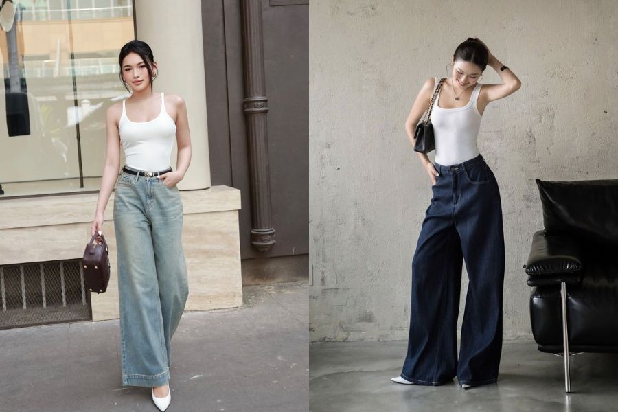 Quần jean ống rộng phối áo hai dây