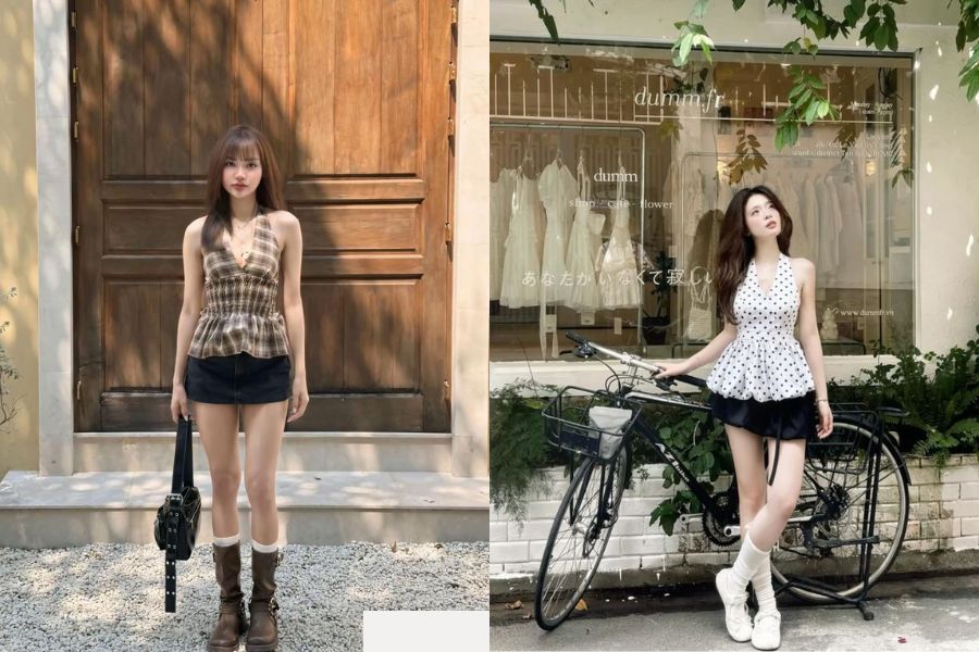 Phối áo yếm buộc cổ với chân váy chữ A