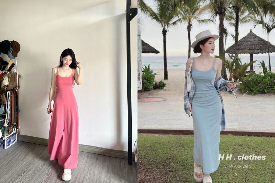 Váy hai dây dáng dài trơn màu