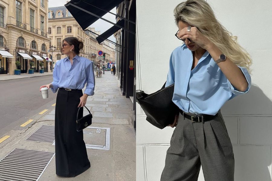 Quần tây ống rộng với áo sơ mi oversize