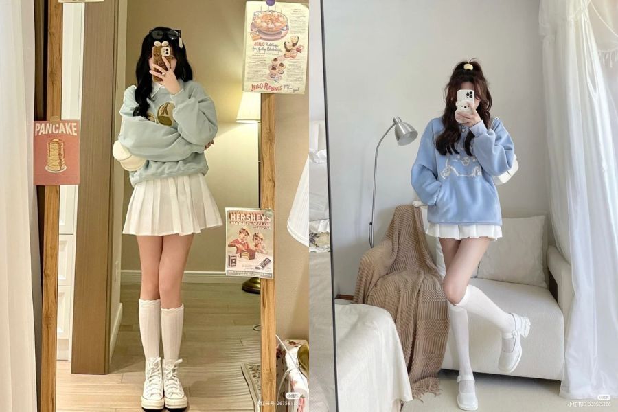 Chân váy A mix áo hoodie và quần tất