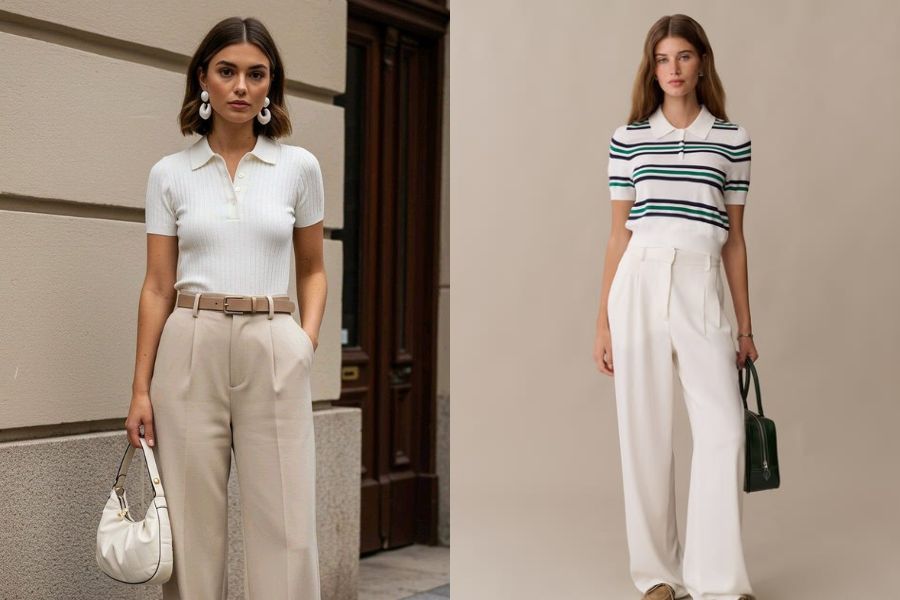 Áo polo phối quần tây ống suông