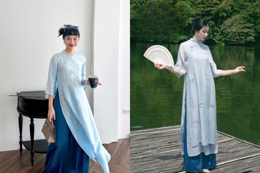 Áo dài xanh lam nhạt phối quần xanh navy