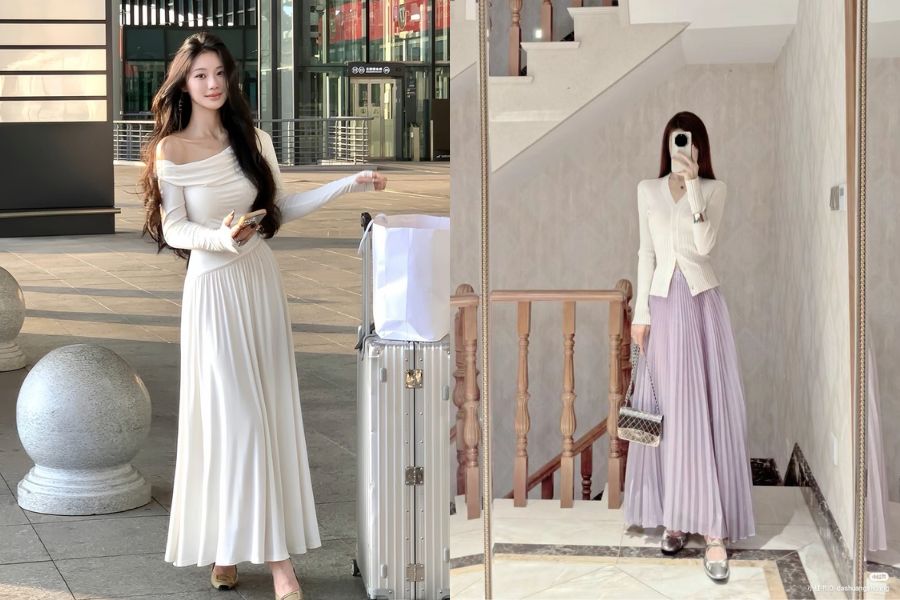 Cách phối đồ với chân váy dài cho người cao