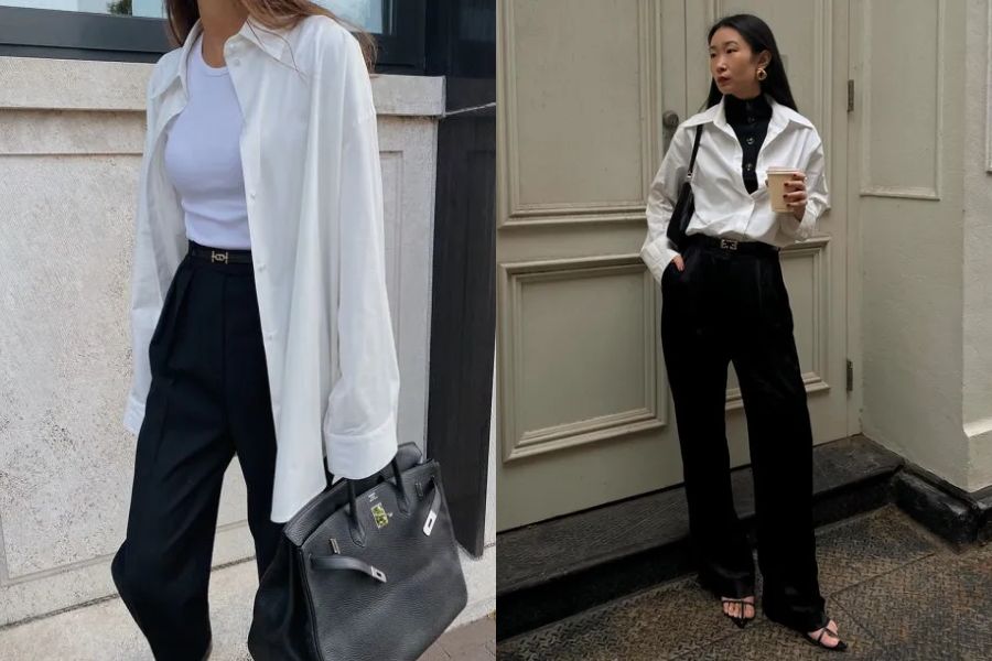 Áo sơ mi trắng, croptop và quần âu 