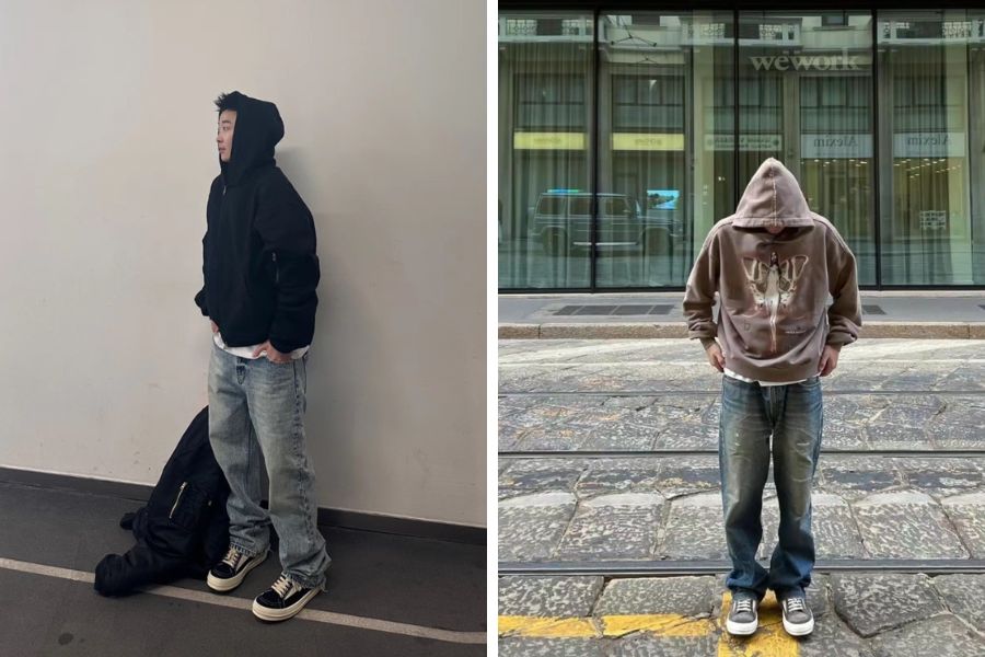 Phối giày Rick Owen và áo hoodie basic mùa thu đông