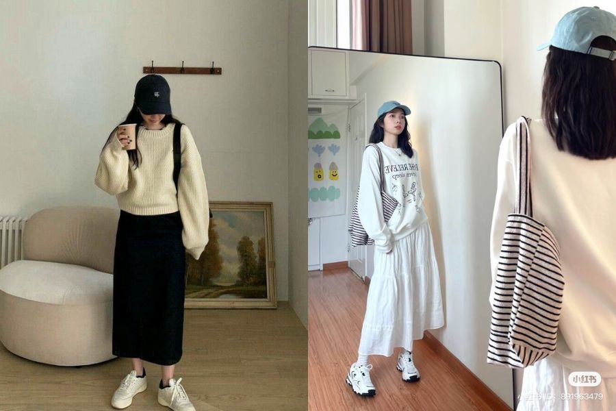Áo sweater phối cùng chân váy dài