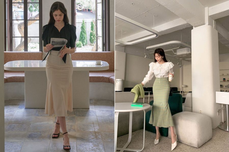 Chân váy đuôi cá phối áo sơ mi đi đám cưới