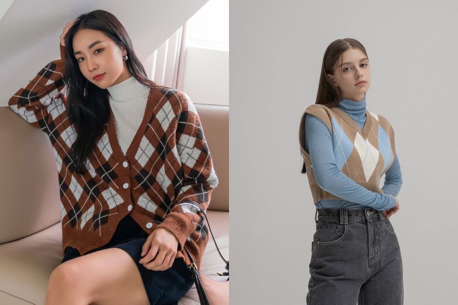Layer sweater họa tiết ô kim cương với áo cổ lọ bên trong