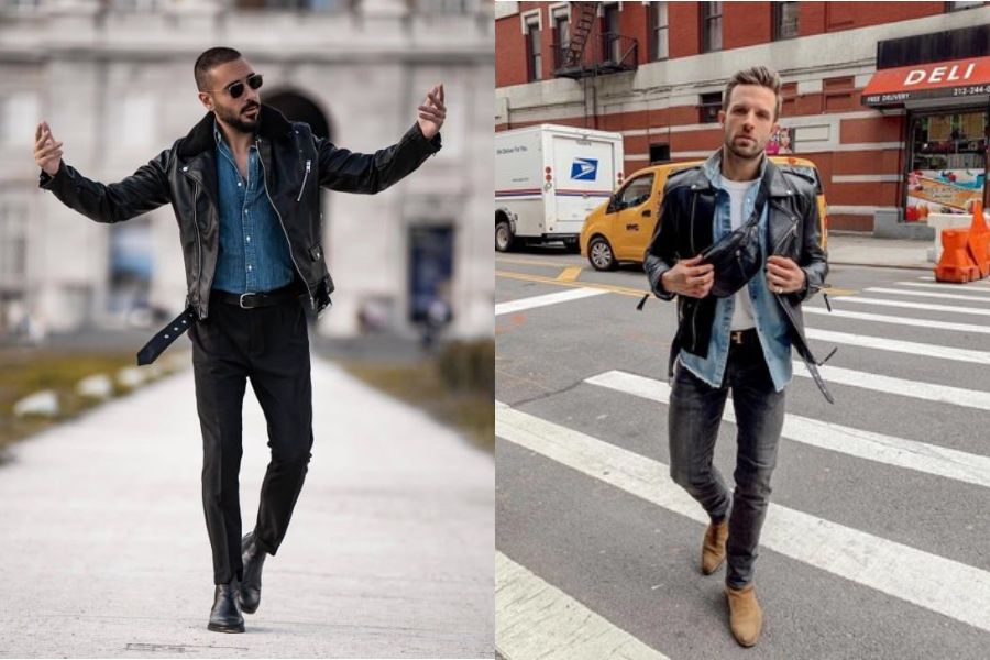 Mix áo khoác da cá tính với áo sơ mi denim