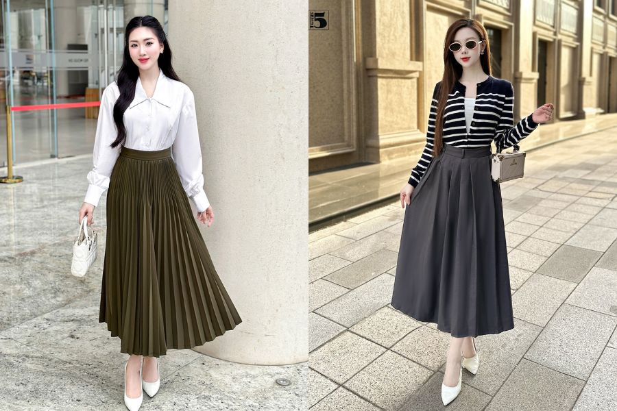 Phối đồ với chân váy xếp ly