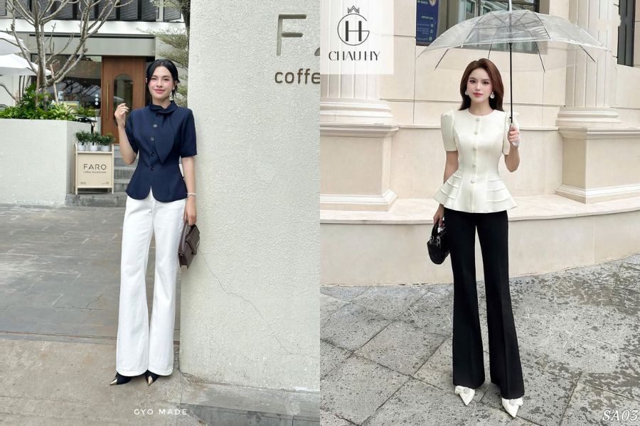 Áo peplum kết hợp với quần ôm cạp cao