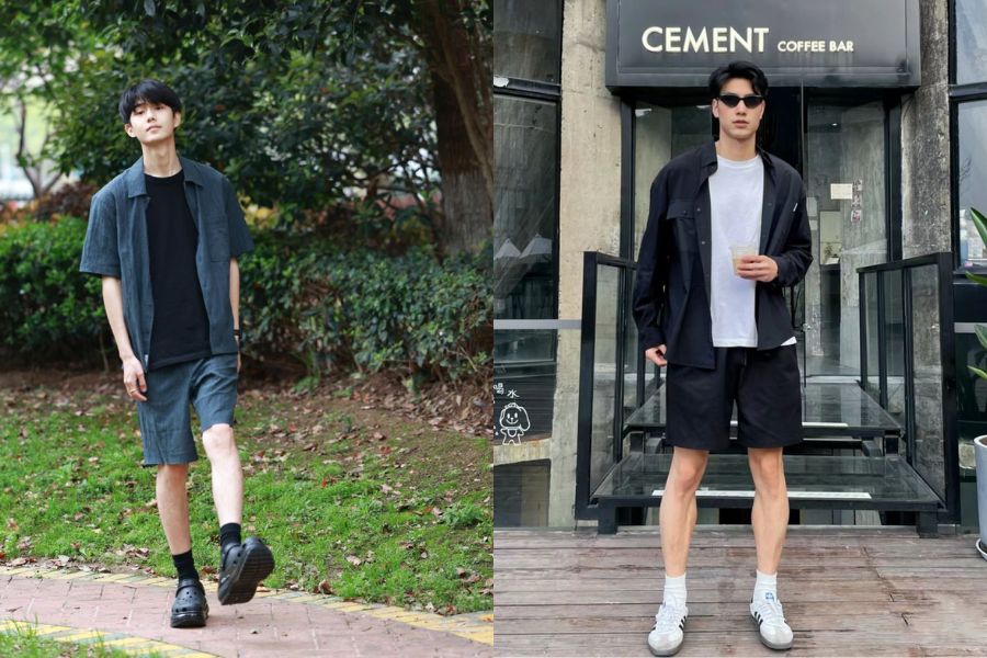 Áo thun mix layer khoác ngoài áo sơ mi nam, quần Chinos