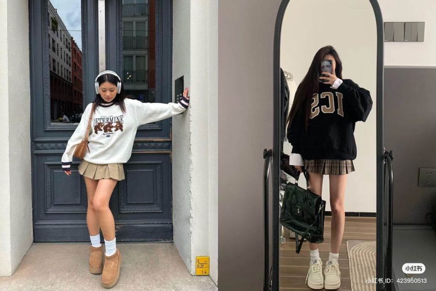 Áo sweater phối chân váy tennis cho set đồ tươi mới