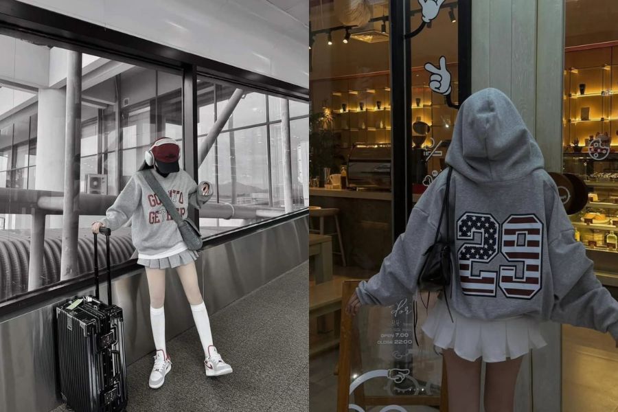 Áo nỉ oversize + chân váy ngắn + tất da chân