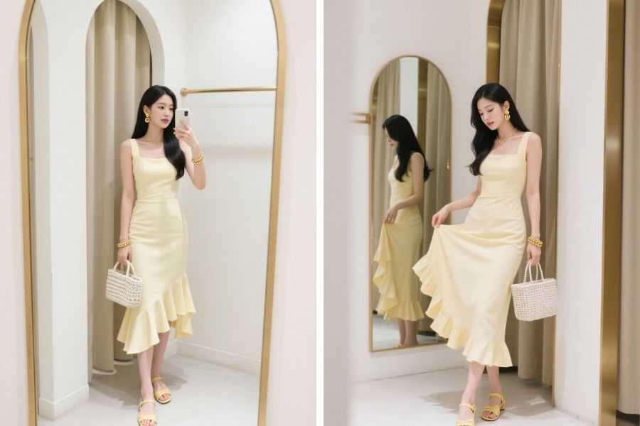 Váy đuôi cá lệch tà dáng dài nữ tính