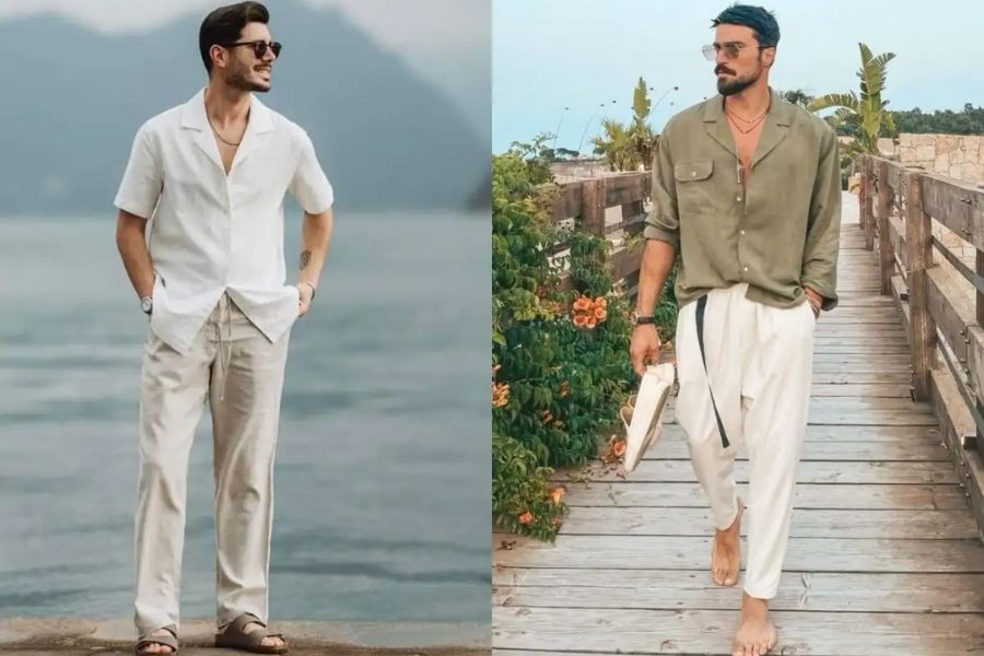áo sơ mi linen phối quần vải mỏng
