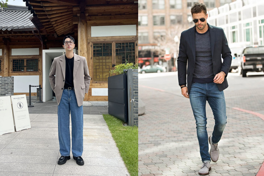 Blazer kết hợp cùng quần jean tối màu cùng áo thun