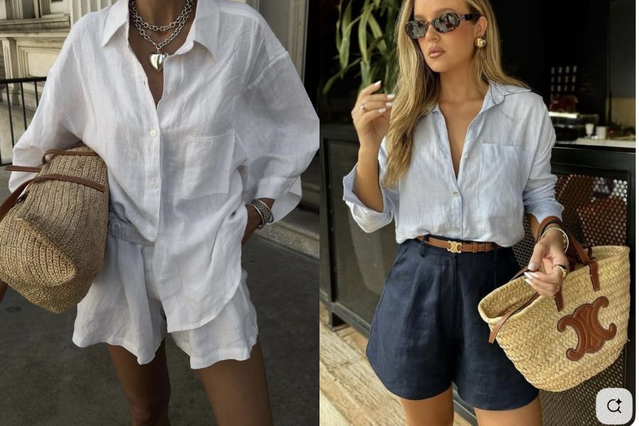 Áo sơ mi trắng kết hợp quần short vải linen