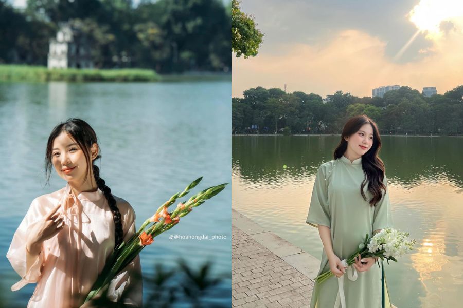 Tạo dáng chụp ảnh áo dài Tết tại Hồ Gươm