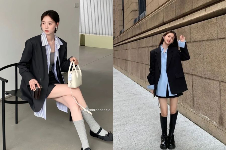 Áo blazer phối áo sơ mi