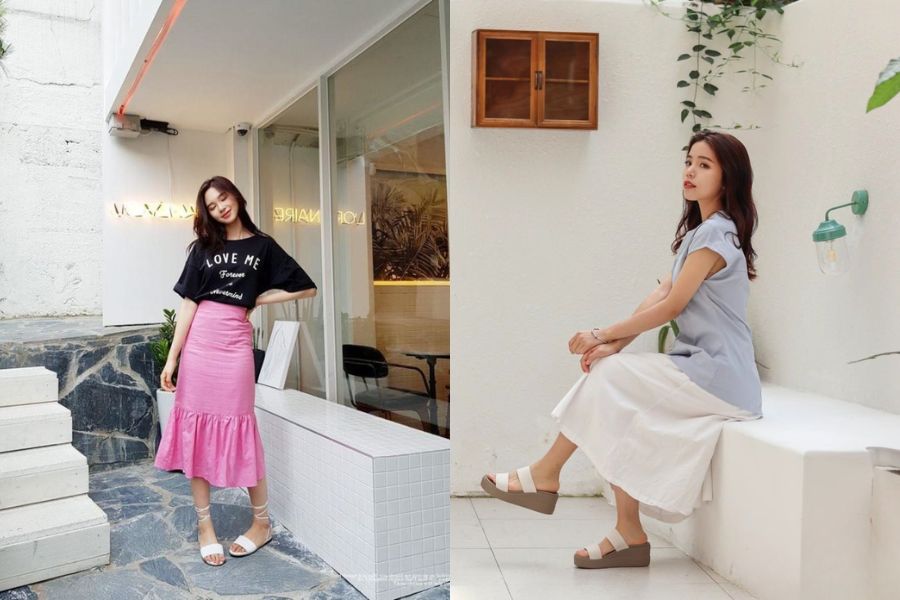 Giày sandal phối chân váy dài