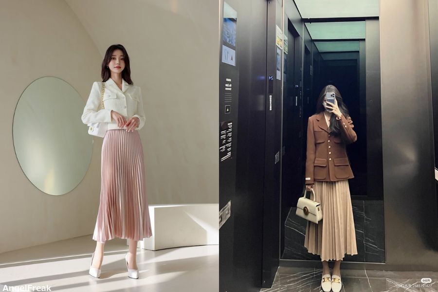 Chân váy xếp ly mix với áo khoác dạ tweed