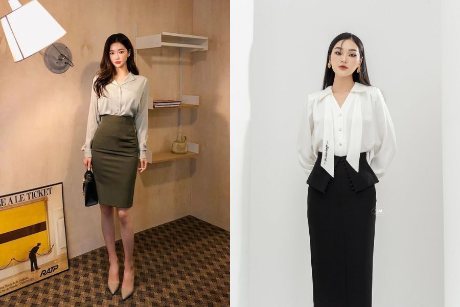 Áo sơ mi chiết eo mặc với chân váy bút chì