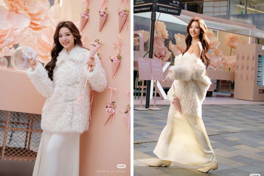 Váy lụa trắng kết hợp với áo khoác lông cùng màu