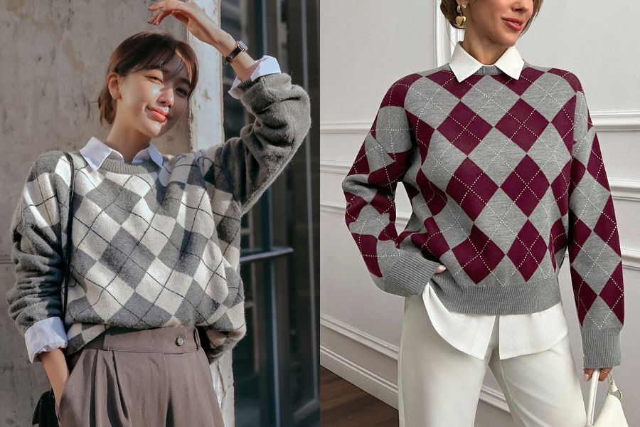 Sweater họa tiết ô kim cương phối sơ mi cổ đức