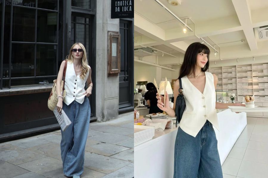 Quần jeans phối áo gile 