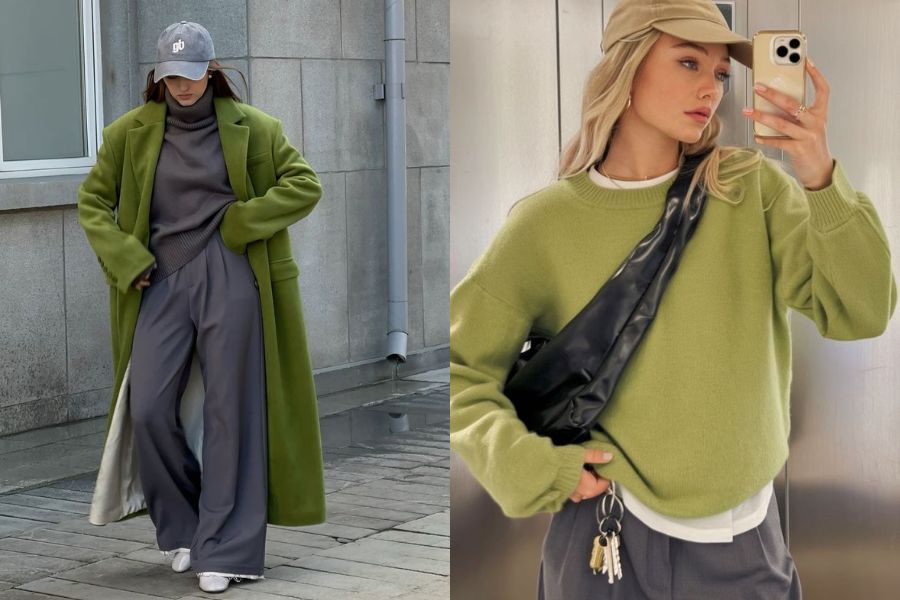 outfit xanh lá phối màu xám