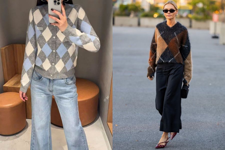 Phối đồ thanh lịch với áo len họa tiết kim cương Argyle cho mùa lạnh