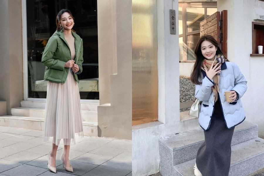 Áo nỉ + áo phao dáng ngắn + chân váy xếp ly