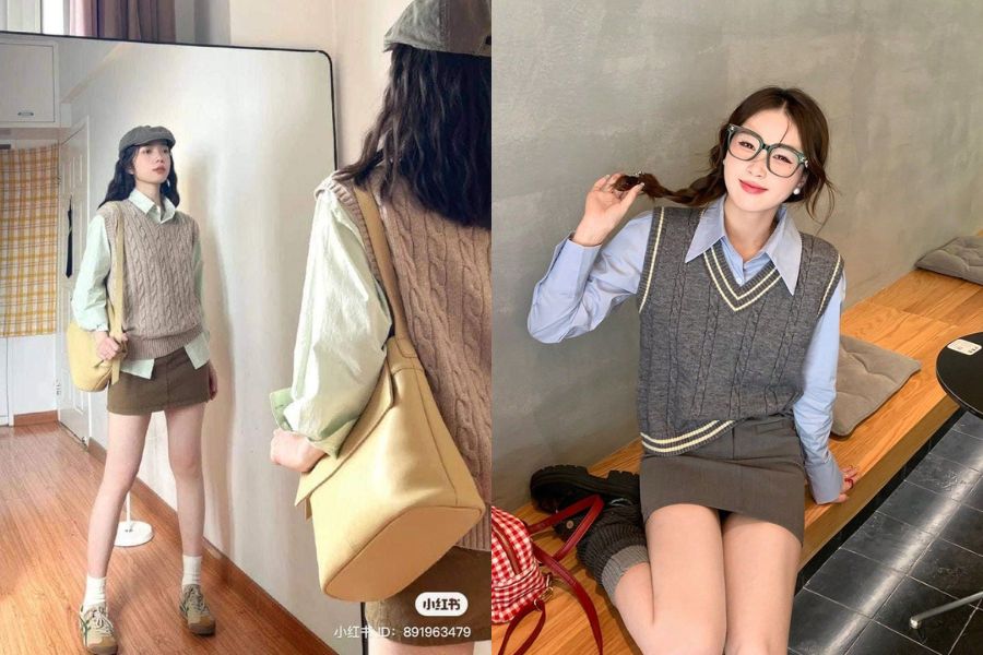 Áo gile len mix váy ngắn