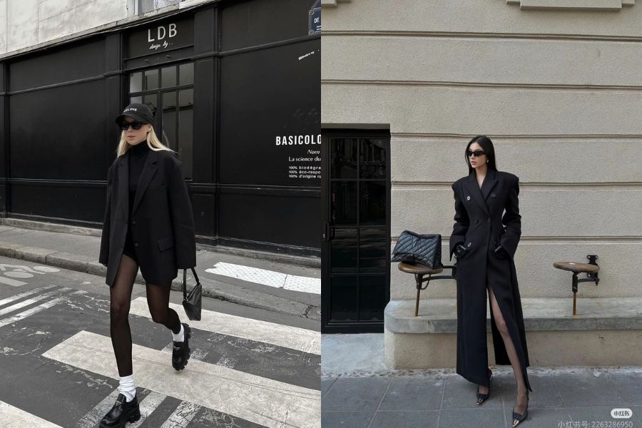 Quần tất đen phối áo khoác dáng dài