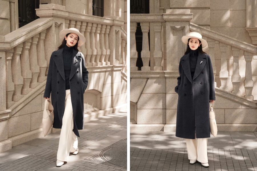 Mix áo dạ với quần trắng, sử dụng mũ fedora vành rộng cổ điển