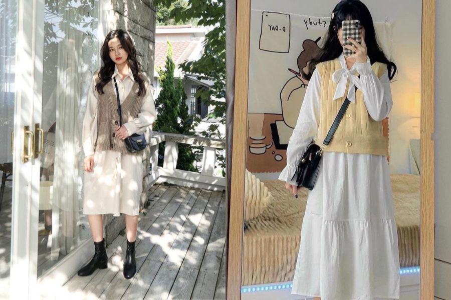 Áo gile ngắn phối váy liền – set đồ nữ tính, duyên dáng