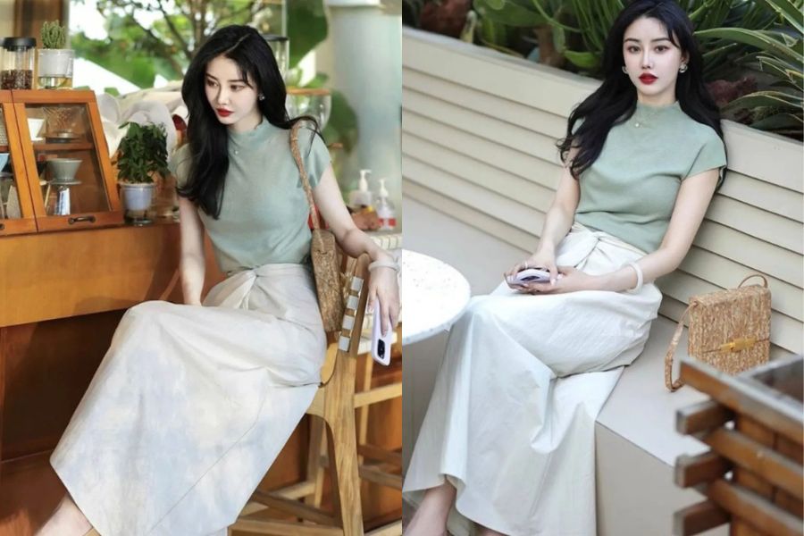 Áo kiểu xanh mint phối chân váy dáng dài