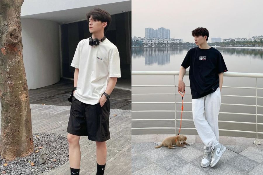 Áo thun trơn mix quần short kaki, sneaker trắng
